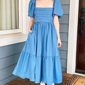 Abercrombie Ruched Puff Sleeve Poplin Emerson Midi Dress